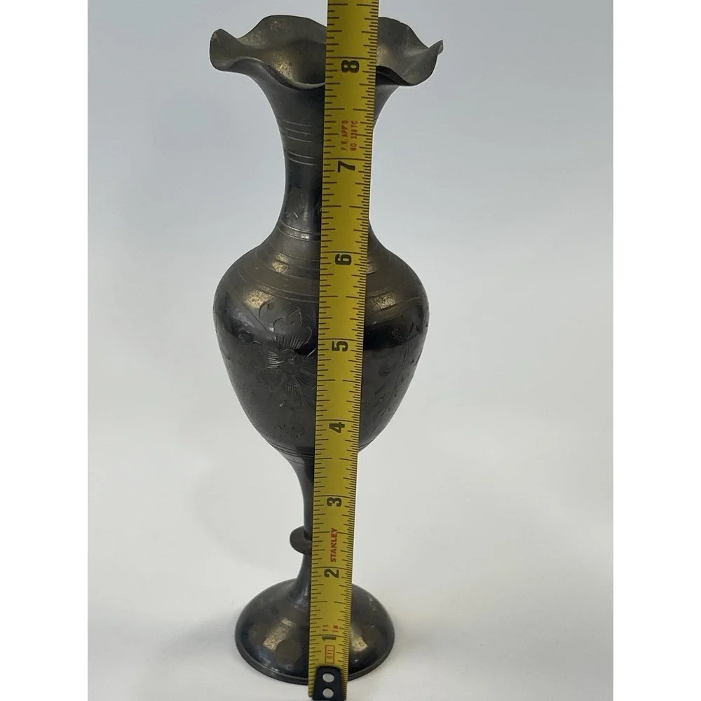 Flower Vase Solid Brass Hand Etched Floral  8